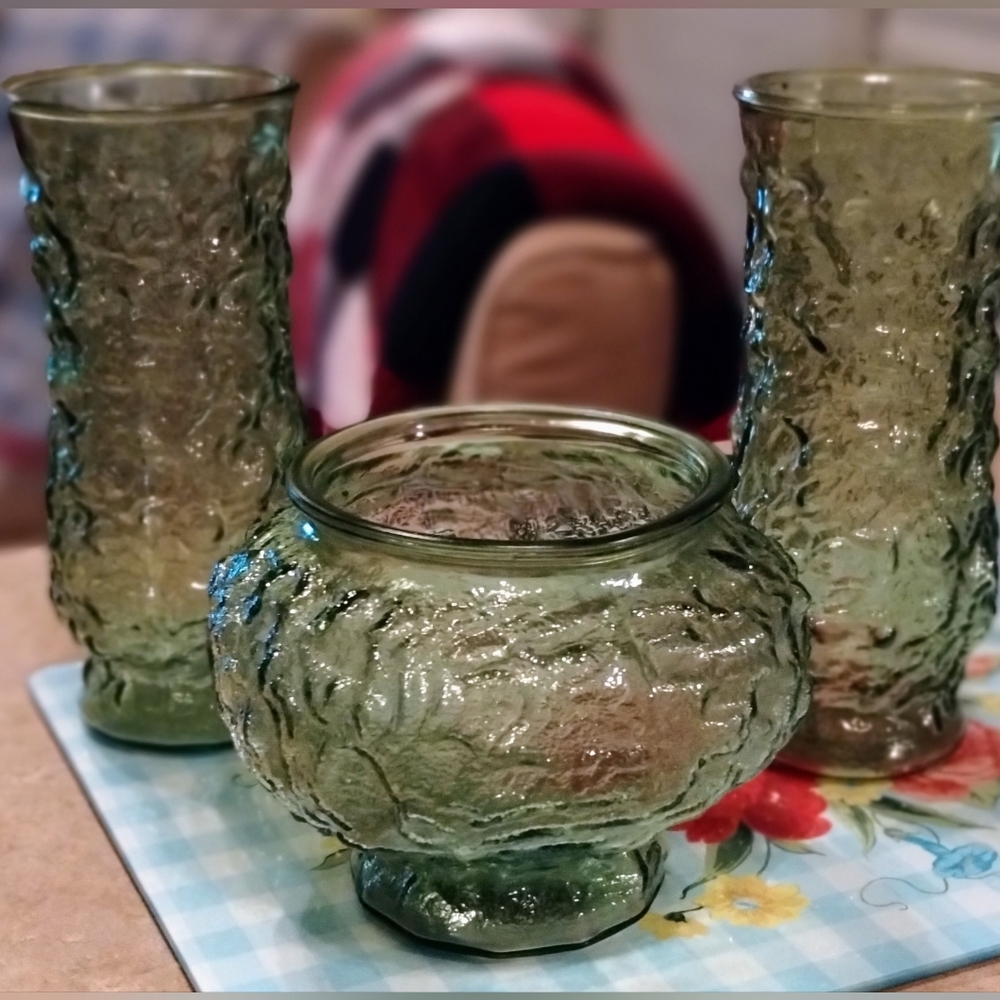 Vintage 1970's E O Brody green bowl and 2 matching vases